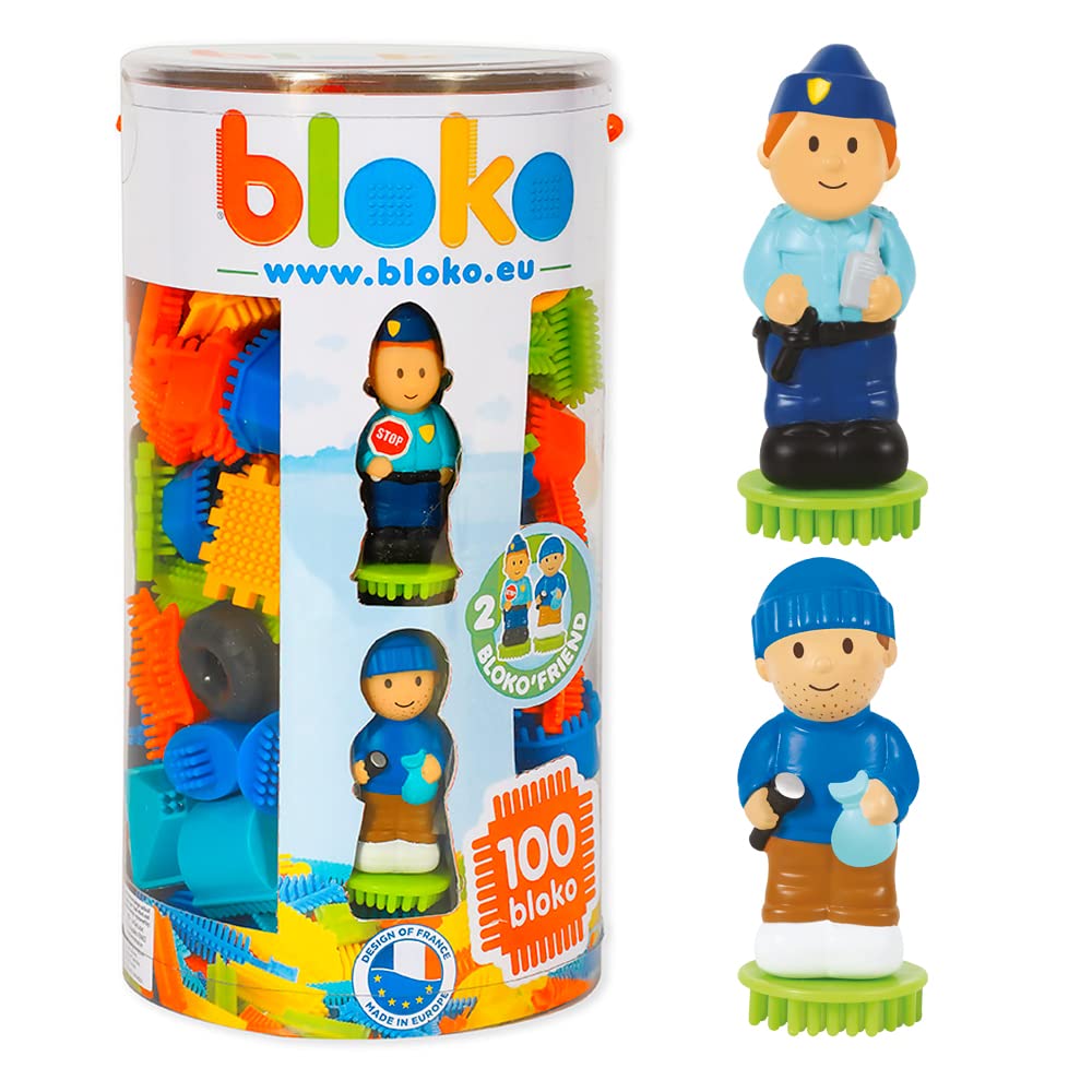 BLOKO Tubo de 100 2 Figuras 3D de policía y Cohete – Desde 12 Meses – Fabricado en Europa – Juguete de construcción 1 Edad – 503666