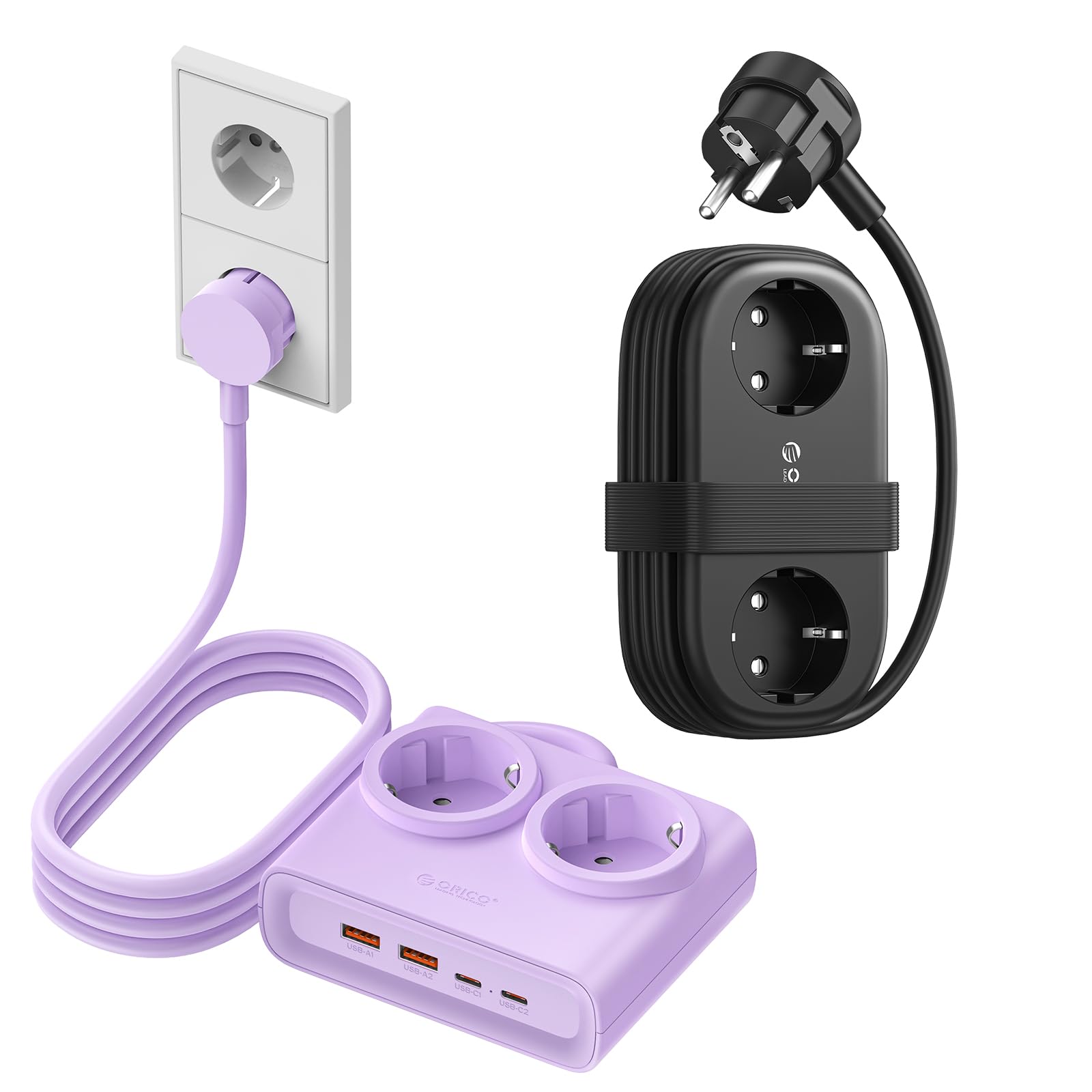 ORICO Schwarz + Lila Mehrfachsteckdose mit USB C, Ladeanschlüssen Kompatibel für das Home Office auf dem Schiff (AP3-2A2U1C+ PDC-2A2U2C)