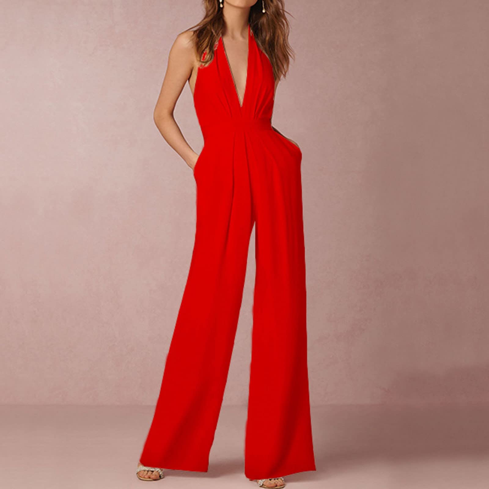 Mono de una pieza para mujer, elegante, sin mangas, cuello en V, informal, de pierna ancha, de color liso, de una pieza, para ceremonias