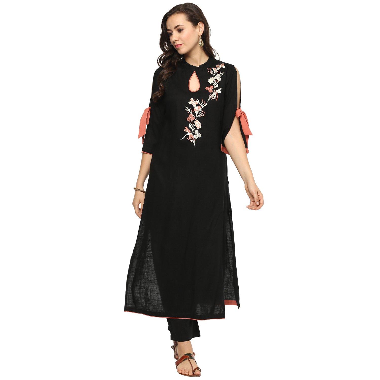 idaLia Embroidered Kurta for Women - Embroidered Kurtas, Rayon, Straight, Calf-Length, Closed Key Hole Neck - Embroidered Kurtas Online