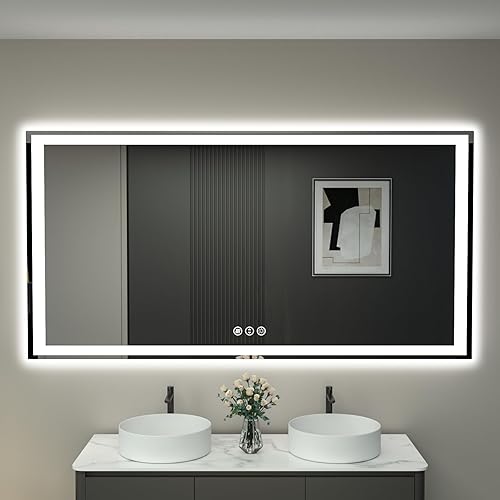 Miniatura 20 de Espejo de baño LED de 40 x 32 pulgadas con luces, luces dobles regulables, antiniebla, espejo LED frontal y retroiluminado para baño, espejo