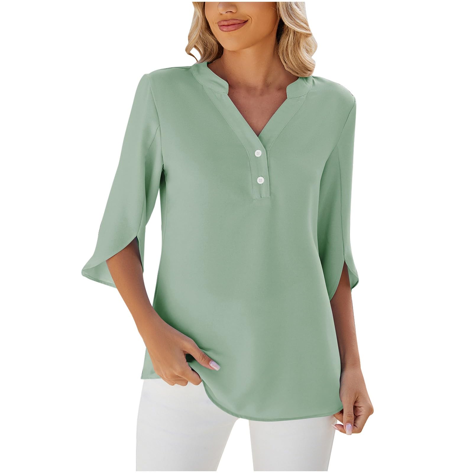 Lemoiitea Camisas de moda para mujer, blusa informal de manga 3/4, elegante, cuello en V, botones, holgadas, color liso, camisetas tipo túnica para primavera y verano