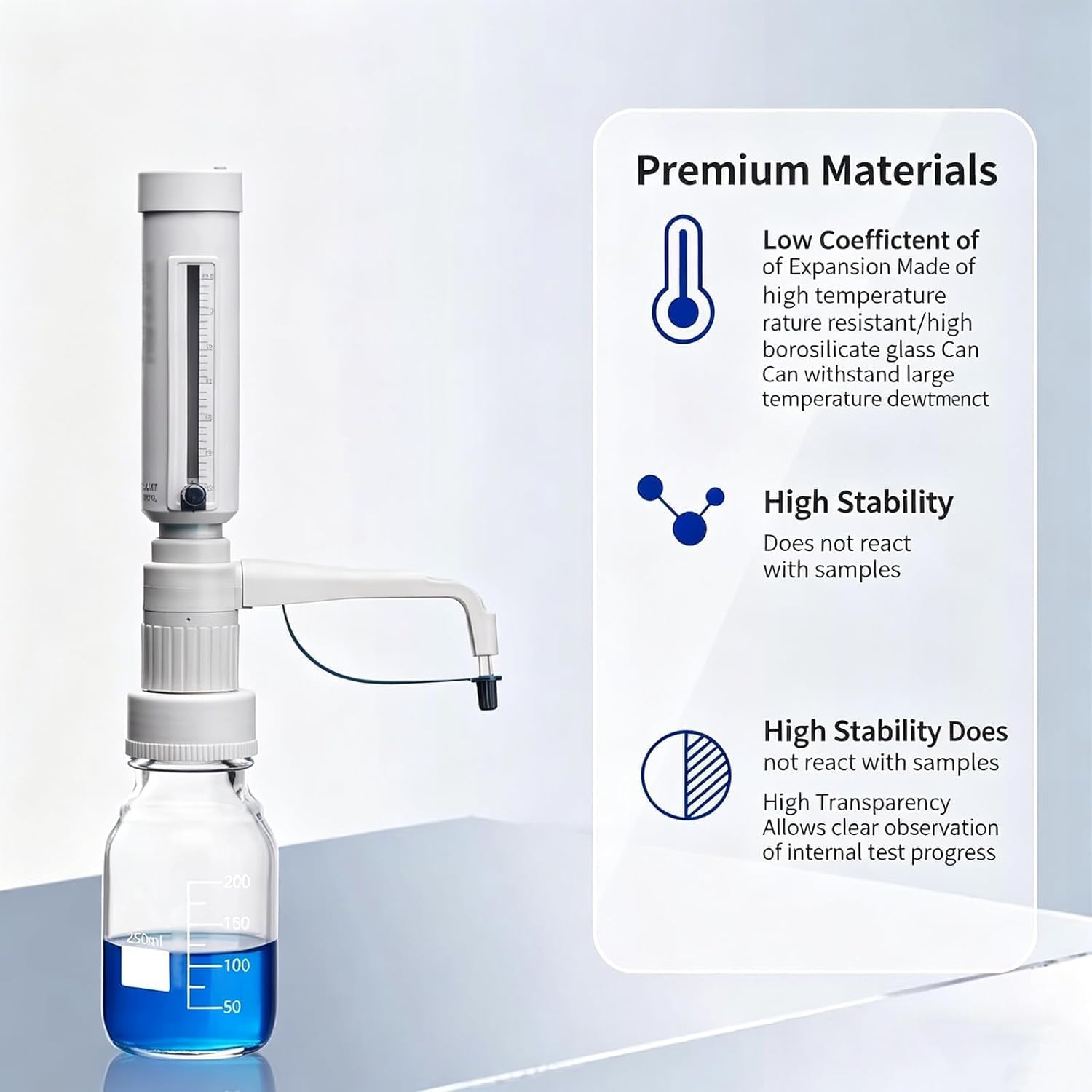 Labor-flüssigkeitsbürette, Flaschenaufsatz-dosierer, Quantitative Dosierer, Einstellbares Volumen 5–30 Ml, Mit 5 Gl-gewindeadaptern, Dosiert Reagenzien Präzise Aus Laborflaschen. 250ml