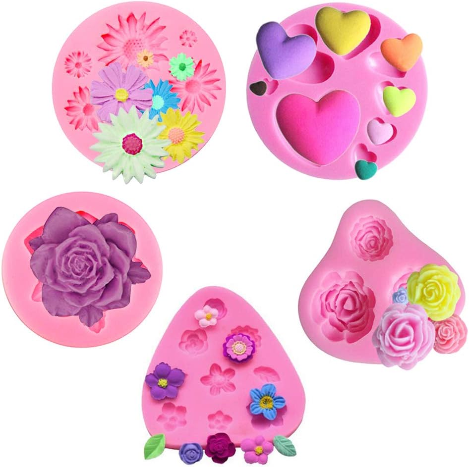 Flower Cake Fondant Molds 5 Pack Rose Flowers Heart Silicone Molds Flower Daisy Mold for DIY Cake Decorating Soap Clay Fimo Chocolate Sugar Small Craft Molds