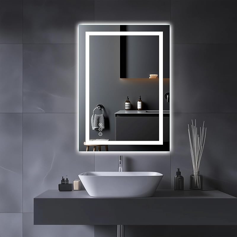 Espejo de baño LED, 20"X28" con luz frontal y retroiluminado | Regulable continuamente, antivaho, inastillable, reflejo HD, memoria, iluminación de 3 colores, certificación UL (horizontal/vertical).
