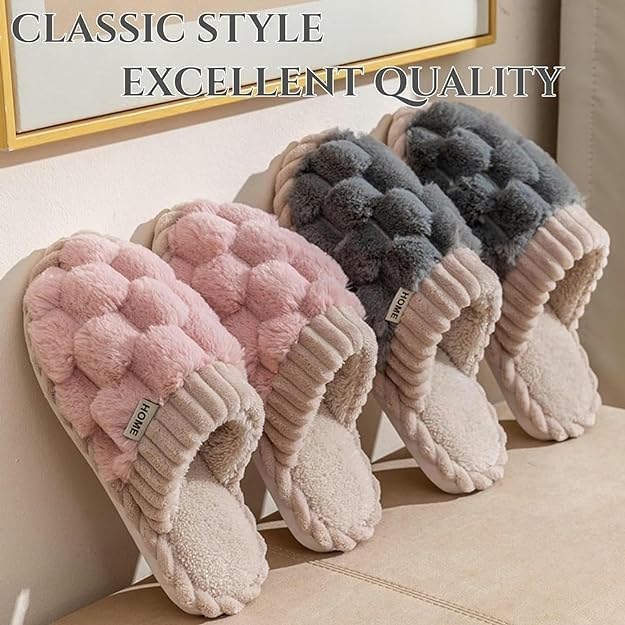 LELEBEAR Fashionable Colorblock Faux Fur Slippers for Women, Ladies Colorblock Faux Fur Slippers Casual Slip On Plush Lined Shoes4