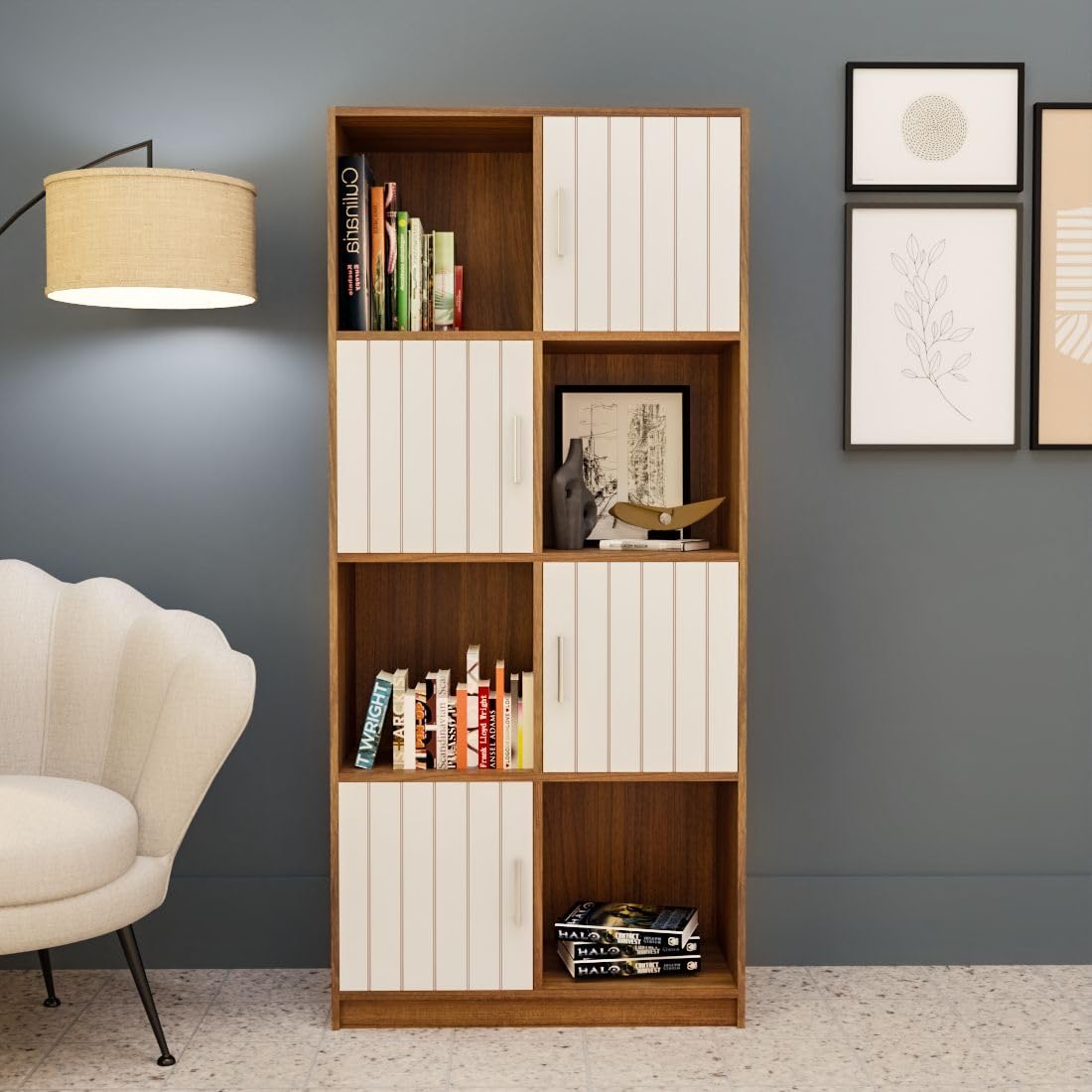 neuspace Cube Flouted Engineered Wood Open & Closed Bookshelf | Display Unit | Open 4 Shelves & 4 Door Cabinet Storage for Home & Office|1 Year Warranty (Finish - Leon Teak, Knock Down)-image-6