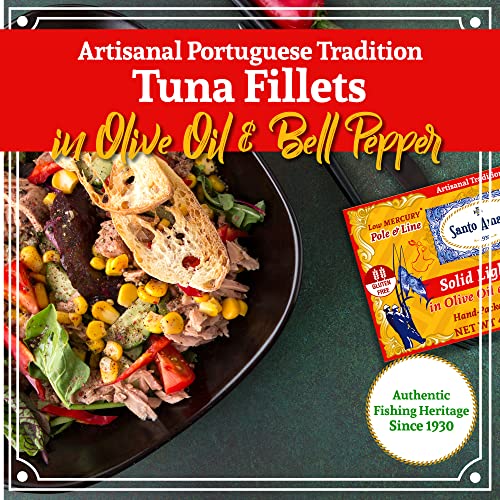 Image of Santo Amaro - Artisanal Wild Tuna Fillets in Olive Oil & Red Bell Pepper, Pole & Line Caught Tuna from Portugal, Hand-Packed Sevilla-Style Canned Tuna Fish, 22g Protein, Keto, Low Mercury, Pack of 6