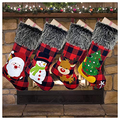 DELUX Christmas Stockings 4Pack 18\'\' Large Xmas Stockings Hand-Knitted Burlap Plaid Style Santa Claus, Reindeer Snowflakes Christmas Tree Decoration and Family Holiday Season Decor (Red)