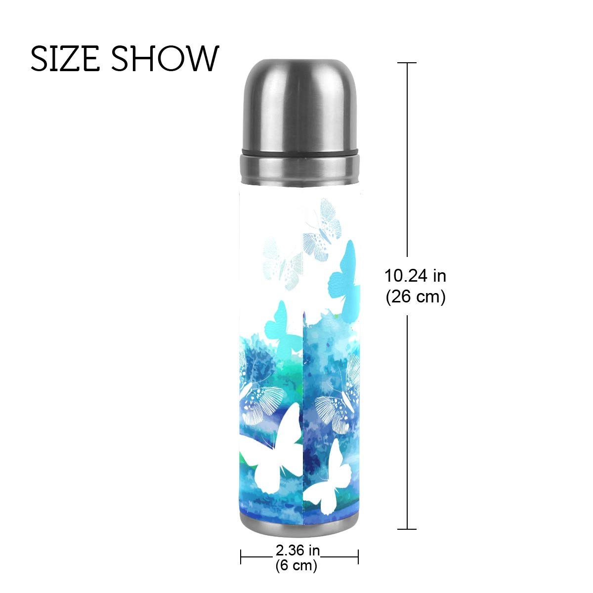 Taza de viaje aislada al vacío de acero inoxidable con doble pared a prueba de fugas, botellas de acuarela con diseño de mariposas, estampado personalizado en piel auténtica, 500 ml