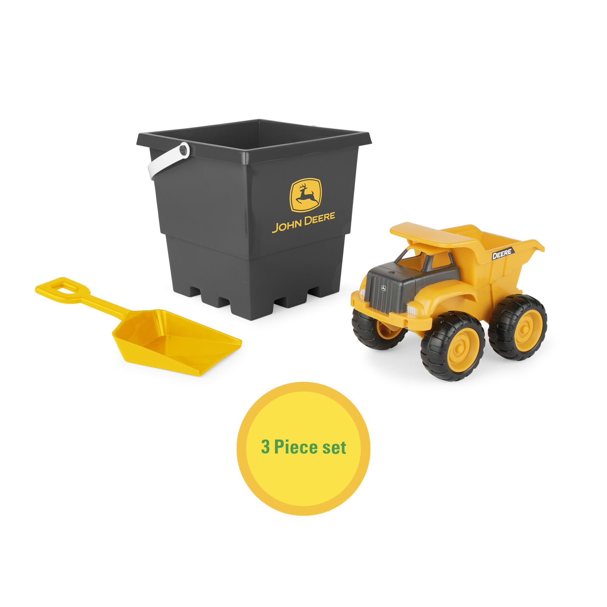 John Deere Sandbox Lot de 3 jouets pour camion à benne basculante, cuve et pelle, jouets d'extérieur et jouets de construction pour petits enfants Jaune