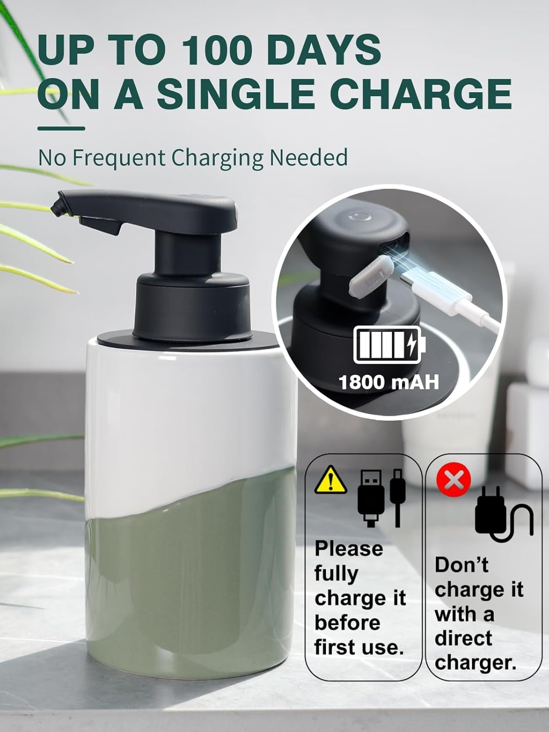 BosilunLife Automatic Soap Dispenser Ceramic Hand Free Soap Dispenser with Waterproof Pump Rechargeable Smart Electric Soap Lotion Dispenser Touchless for Kitchen Bathroom (White-Green, Liquid Pump) - Image 5