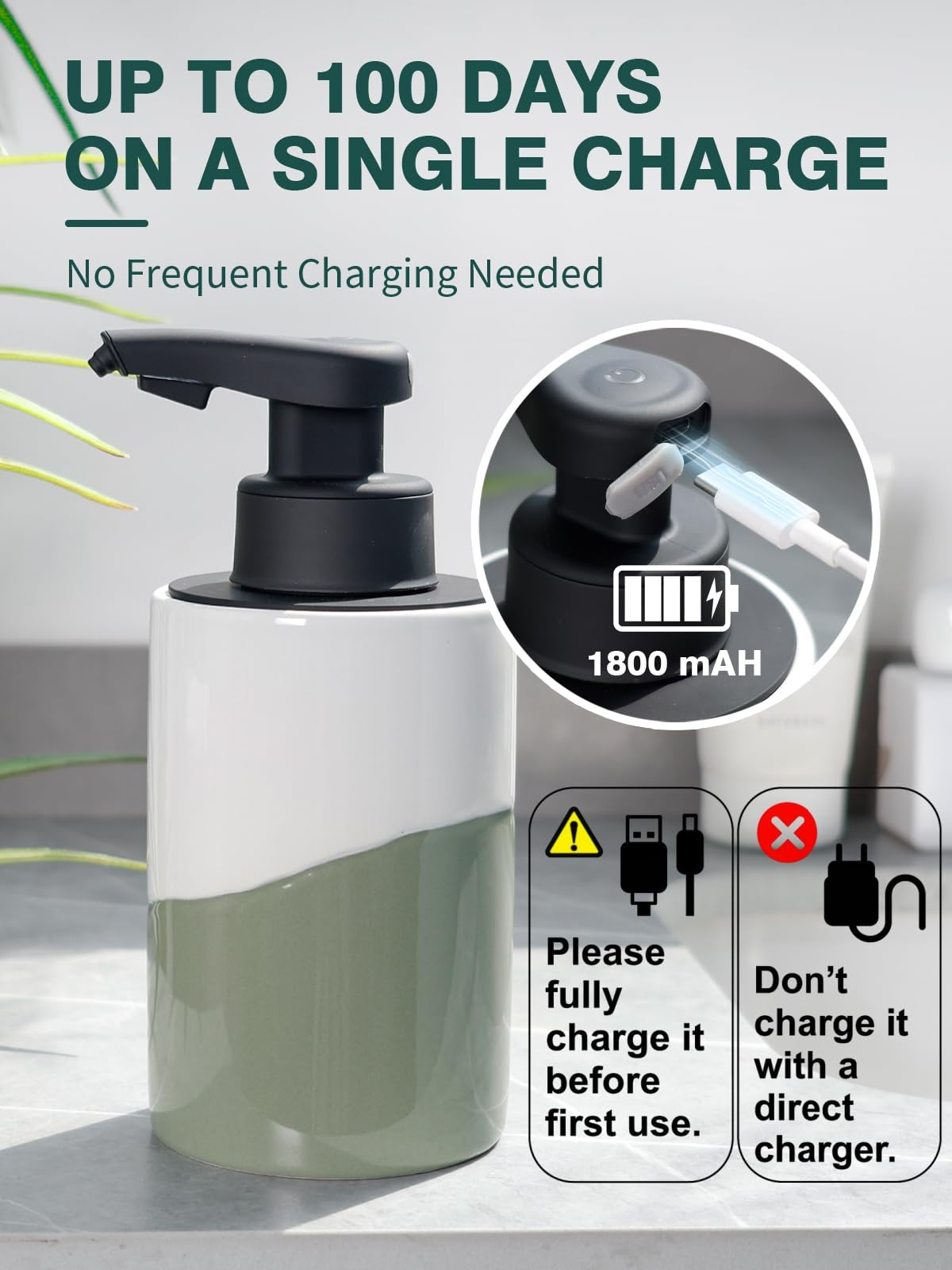 BosilunLife Dispenser automatico di sapone in ceramica a mano libera con pompa impermeabile ricaricabile Smart Electric Lotion Soap Dispenser Touchless Dispenser di sapone per piatti (bianco-verde,