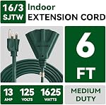 2 Pack 25 Ft Outdoor Extension Cord with 3 Electrical Power Outlets - 16/3 SJTW Green Cable with 3 Prong Grounded Plug