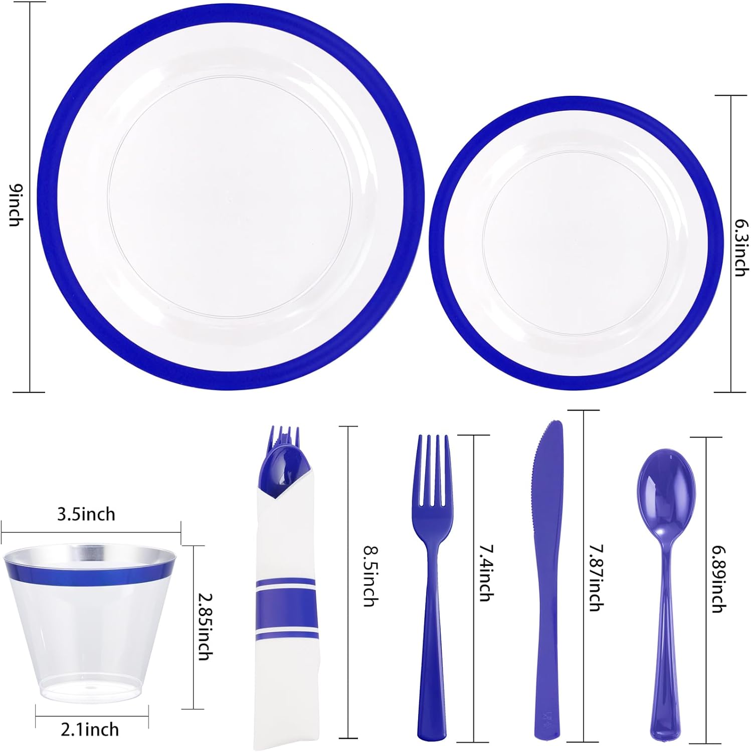 Liacere 350PCS Blue Plastic Plates - Clear with Blue Trim for 50Guests Dinnerware Include 100 Clear Plates disposable 150 Silverware 50Napkins for Wedding ＆ Graduation & Memorial Day