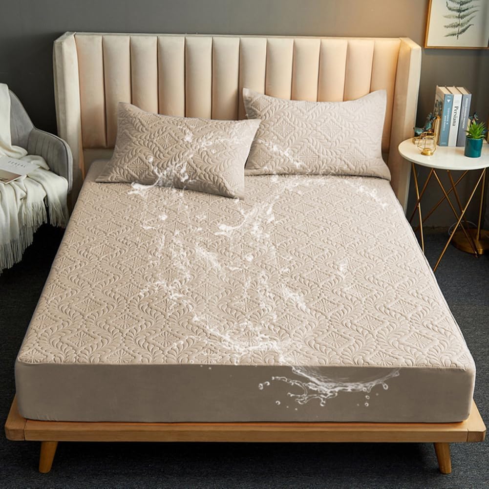 Mattress Cover Waterproof Mattress Protector Full Size Fitted Sheet with Deep Pocket Up to 12'',Breathable Noiseless Soft Mattress Topper Cover (Khaki,47x79inch)