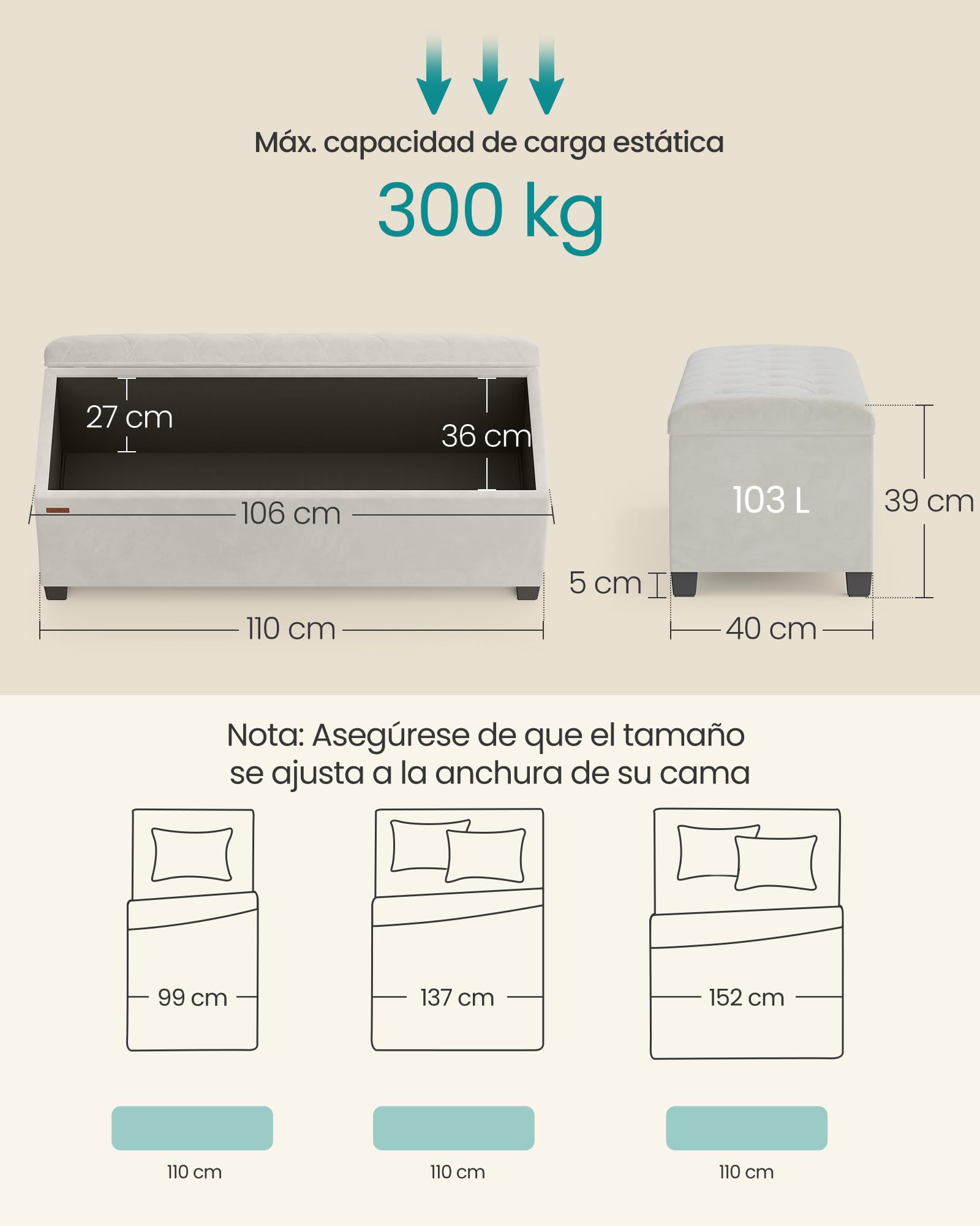 SONGMICS Puff Almacenaje, Baúl con Patas, 40 x 110 x 39 cm, Banco de Pie de Cama, Banco Almacenaje, Soporta hasta 300 kg, para Sala de Estar, Dormitorio, Entrada, Blanco Crema LSF089W01