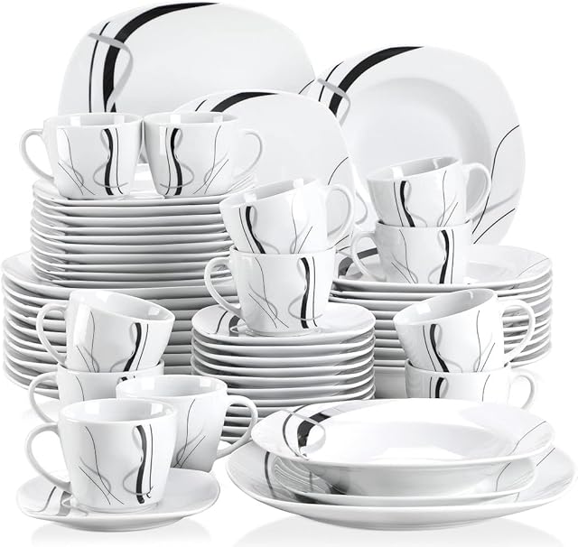 VEWEET 'Fiona' 60-Piece Dinner Set Ivory White Black Lines China Ceramic Combination Sets with Dessert Plates/Soup Plates/Dinner Plates/Cups/Saucers, Service for 12