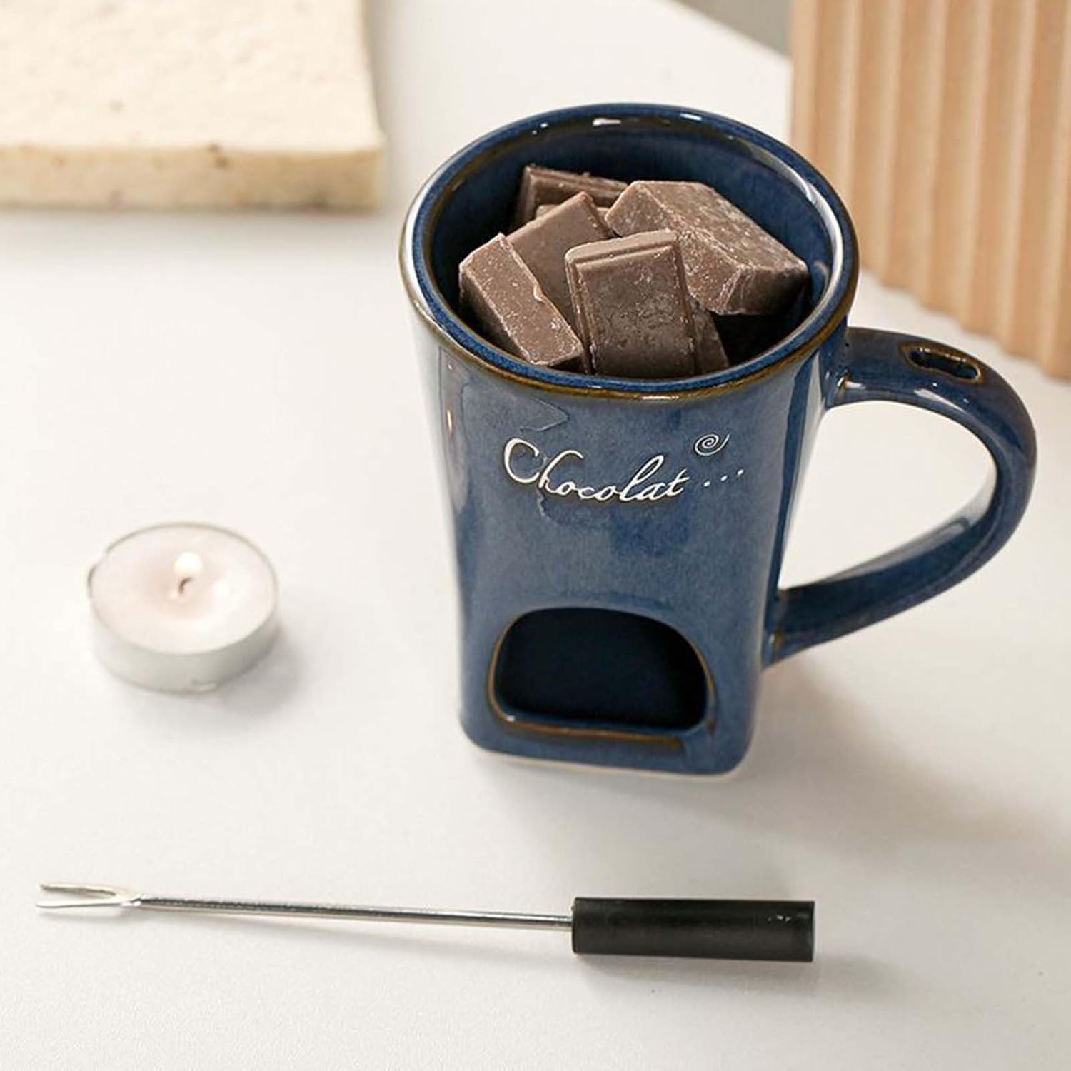 Fondue Mug, 130ml Melting Pot with Fork, Chocolate Sweet Fondue Cup Small Pot for Home Kitchen Restaurant Camping, Premium Ceramic Material with Heat-Resistant Design, Accessory with Fork