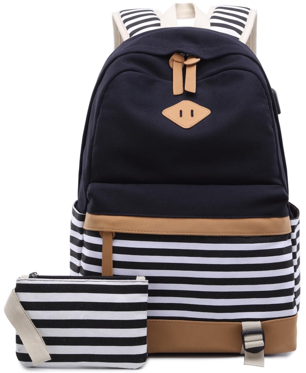 AM SeaBlue Women Laptop Backpack High School Bookbag 15.6 inch Casual Travel College Canvas with USB Charging Port (1-Black)
