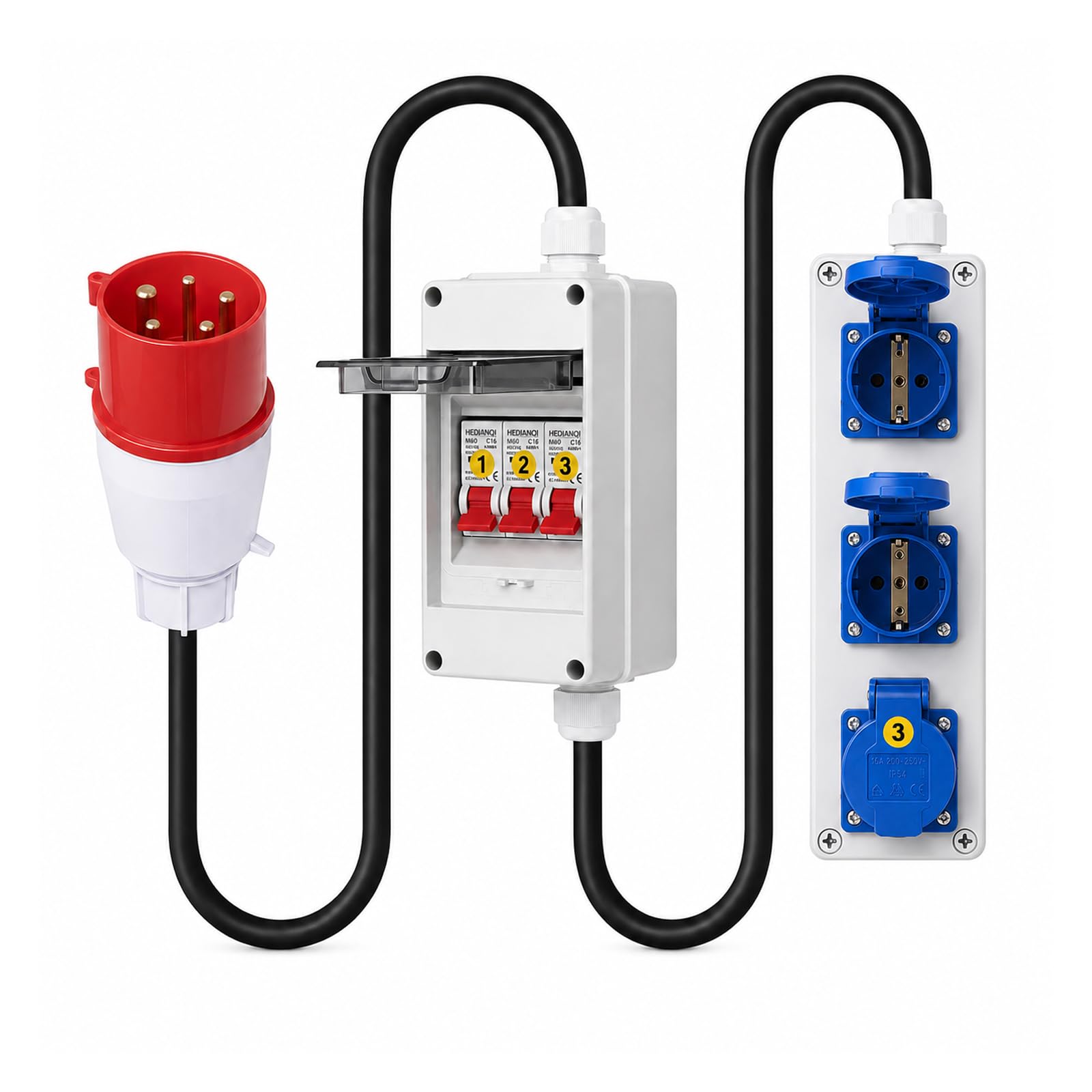 Adapter CEE 32 A na 16 A - 5P 380 V wtyczka CEE na 3 X 220 V Schuko - IP65/IP54 wodoszczelne gniazdko elektryczne z 3 x 16 A wyłącznik nadprądowy – rozdzielacz prądu budowlanego