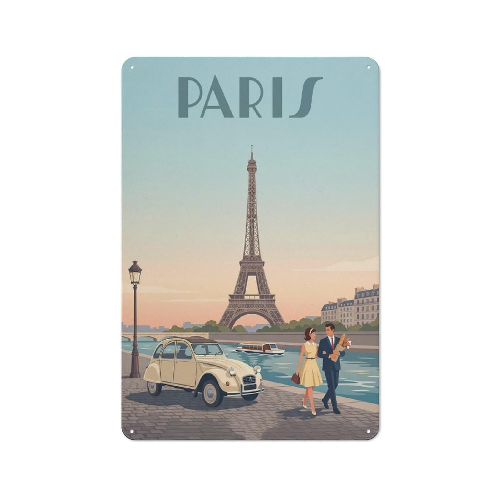 Junmoney Style-10 Tin Wall Plaque 30X20cm With Parisian Scene With Eiffel Tower For Garage Wall, Suited To People Furnishing A Garage
