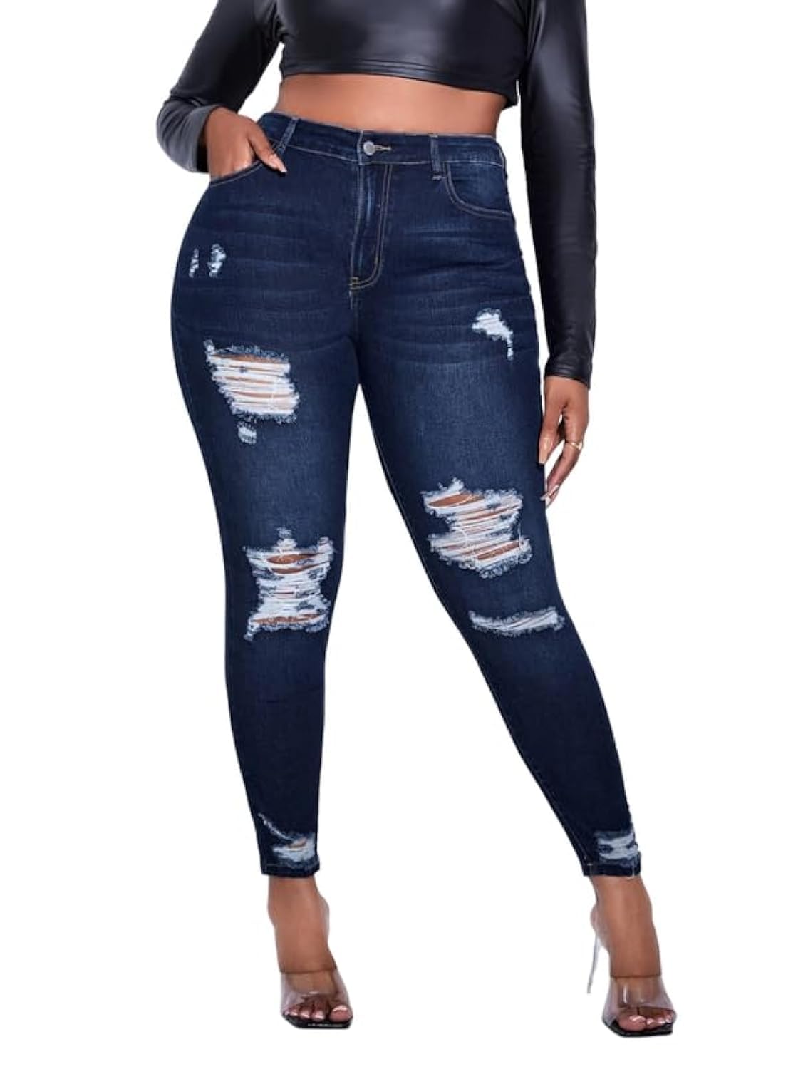ALLABREVE Womens Plus Size Skinny Jeans Stretchy High Waisted Ankle Jean Ripped Slim Fit Washed Denim Distressed Tight Jean