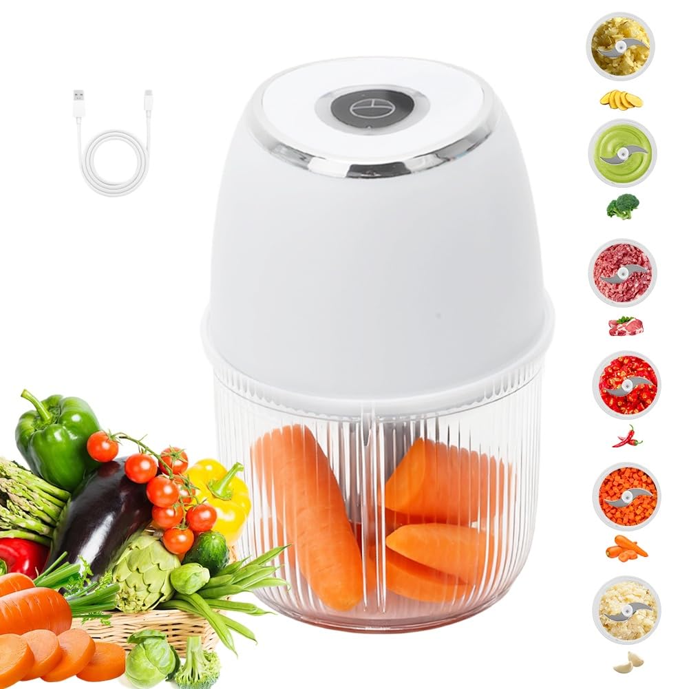 Yuragim Tritatutto Elettrico Mini, Tritacipolle 350ml Tritatutto Multiuso Senza Fili con 6 Lame in Acciaio Inox, Tritacipolle Portatile per Cipolle, Verdure, Frutta, Carne e Aglio
