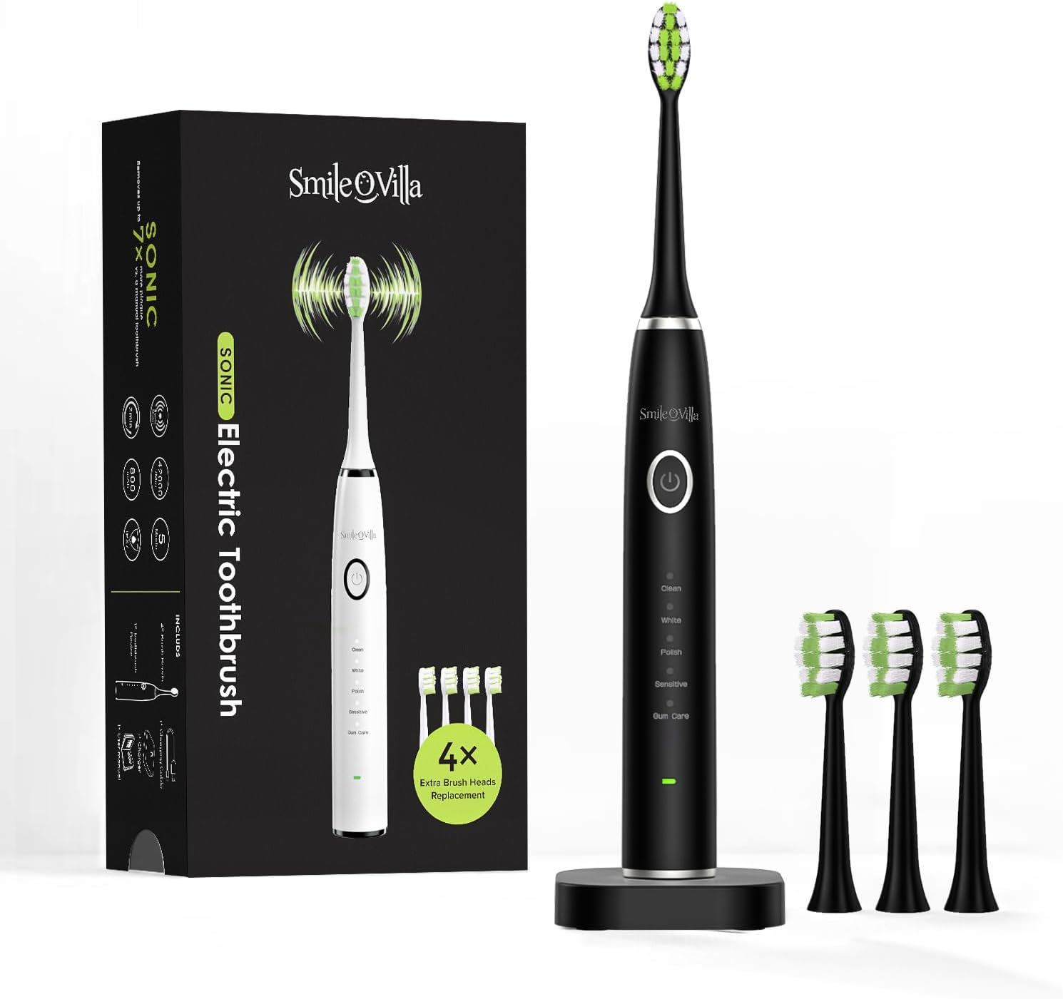 advanced sonic electric toothbrush with 4 replacement heads – smart timer for deep clean black