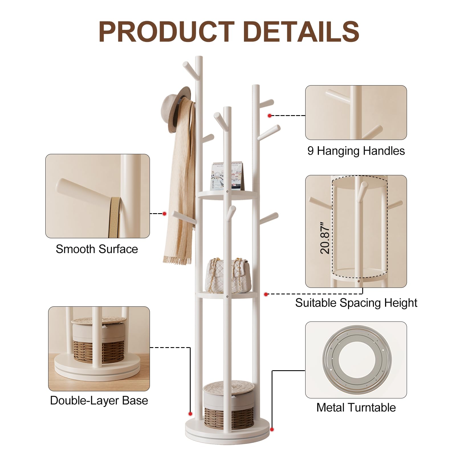 AQIMUELE Perchero, Perchero de Madera Maciza, 9 Ganchos, Colgador para Abrigos, Bolsos, Gorras, Ideal para Entrada, Pasillo, Altura de 163 cm, Blanco