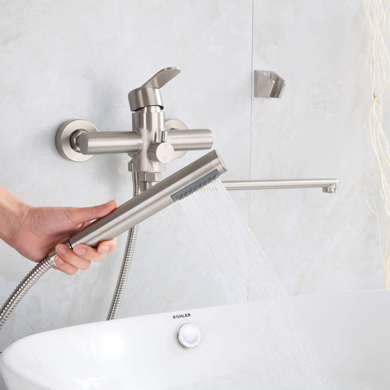 HomeLava Robinet de Baignoire avec Douche à Main Ronde Mitigeur en acier inoxydable brossé robinet de douche pour Salle de Bains
