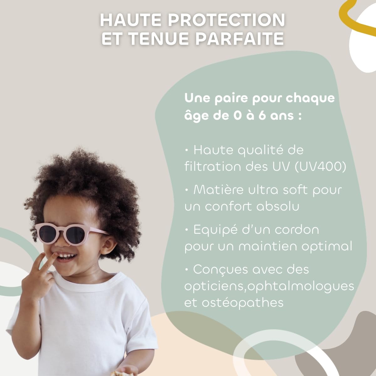 BEABA, Lunettes de Soleil pour Enfant 2-4 Ans, Protection 100 Pour cent UV - CAT 3, Protection Latérale, Confort Optimal, Branches Ajustables 360 degré, Adapable à la Vue, RETRO Happy Baltic Blue