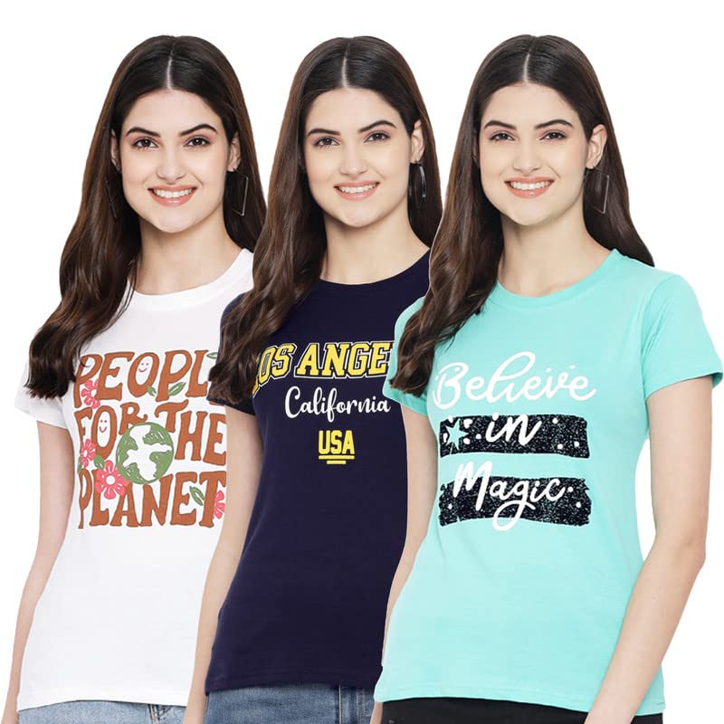 Image of Preneum Women's Cotton Regular Fit Graphic Stylish Printed Short Sleeves Casual T-Shirt || Trendy & Stylish (Pack 3), White & Navy Blue & Blue, S