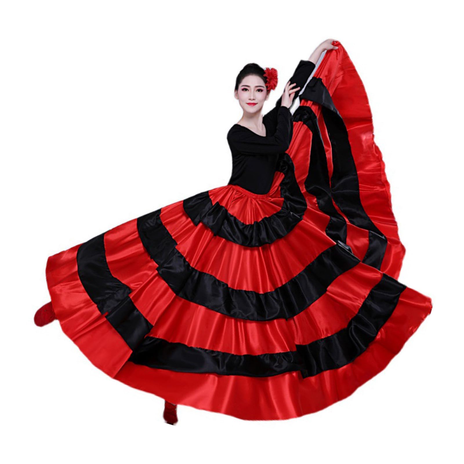 Damska czarna czerwona warstwowa długa spódnica do hiszpańskiego flamenco Meksyk Balet Folklorico spódnica do tańca brzucha długa spódnica flamenco hiszpański taniec duża huśtawka kostium na Halloween