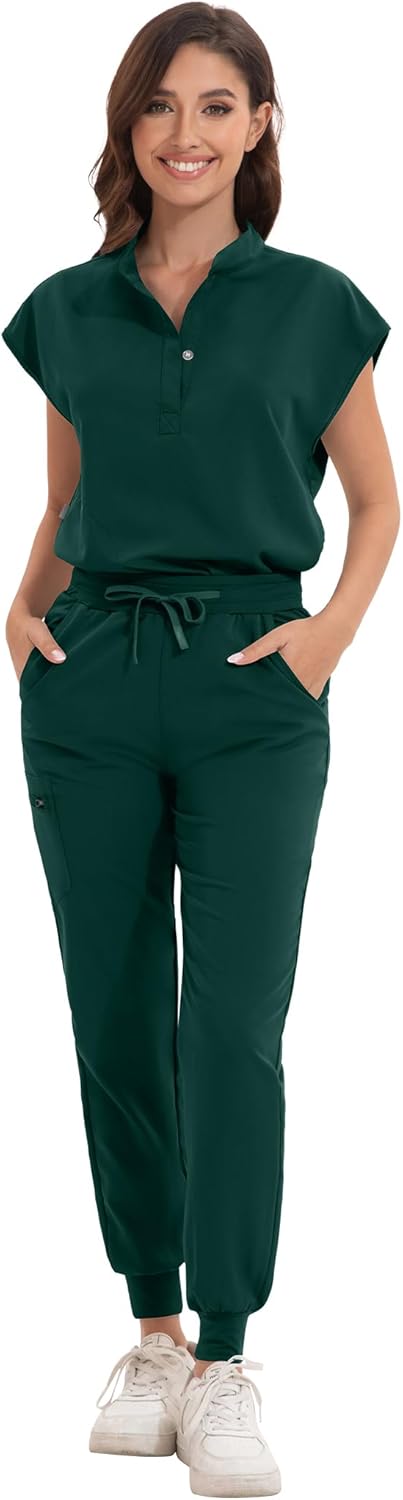 Scrub for Women Set - Stretch Scrub Top & Jogger Pants Mandarin Collar Anti-Wrinkle Scrub Suit Medical Uniform