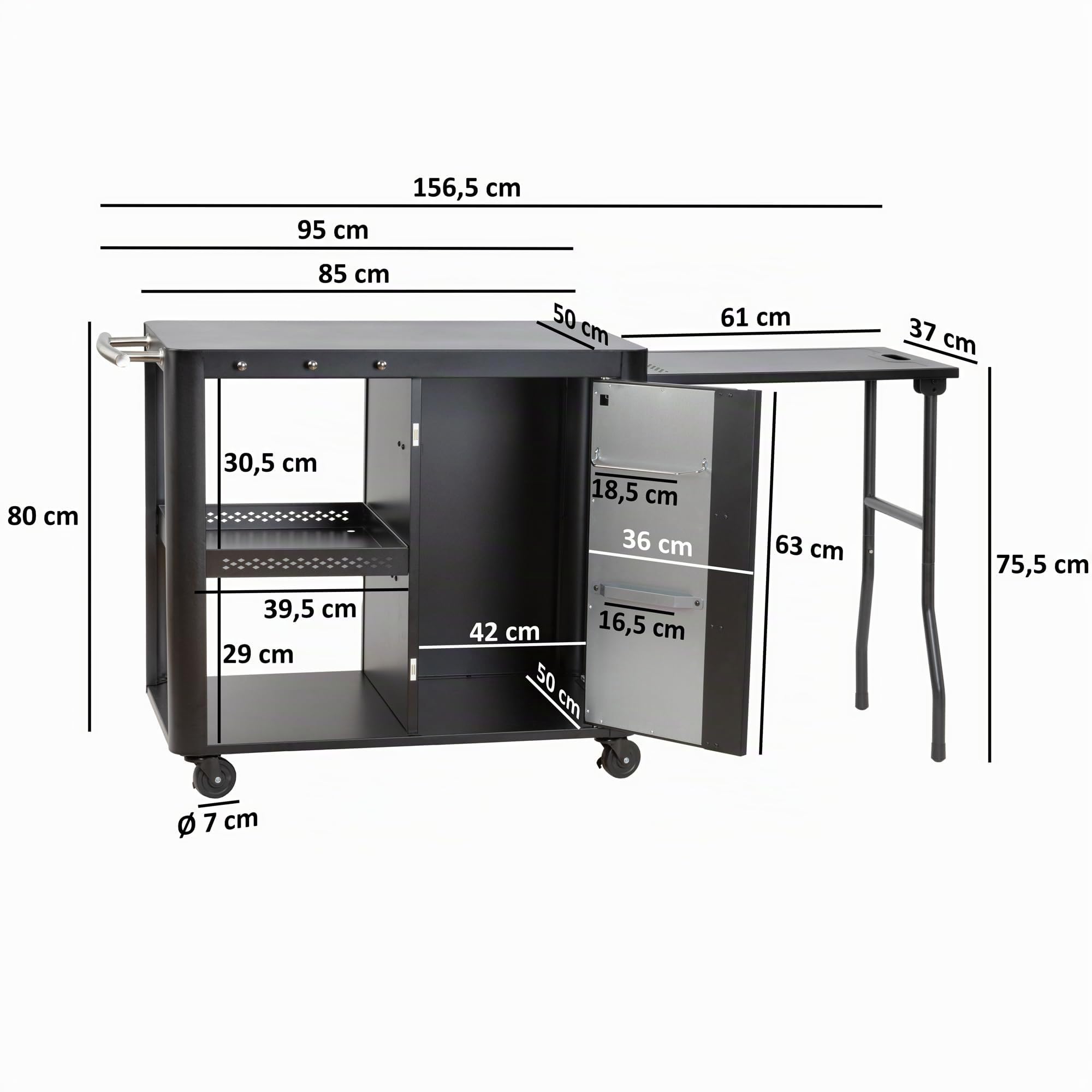 BBQ-Toro Mesa de Barbacoa con Gran Superficie de Trabajo 95 x 50 x 80 cm | Color Negro | Mesa Auxiliar para Barbacoa | Carrito de Barbacoa, Terraza, Jardín | Mesa de Barbacoa Exterior