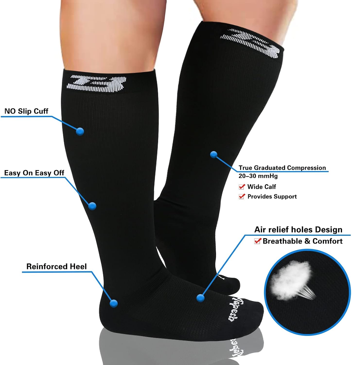 Plus size compression socks wide calf men women knee high 20-30 mmhg breathable circulation xl 2xl 3xl 4xl 5xl - Image 5