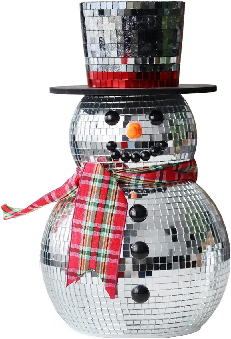 Disco Ball Snowman 10 Inch, Glitter Disco Christmas Decor Snowman Christmas Centerpiece, Christmas Disco Ball Decor Winter Holiday Tabletop Decor Festive Party Decoration Xmas Gift