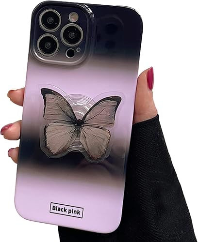 Funda de teléfono con diseño de mariposa degradada y rosa compatible con iPhone 11, bonita funda de teléfono de mariposa negra 3D rosa fría con
