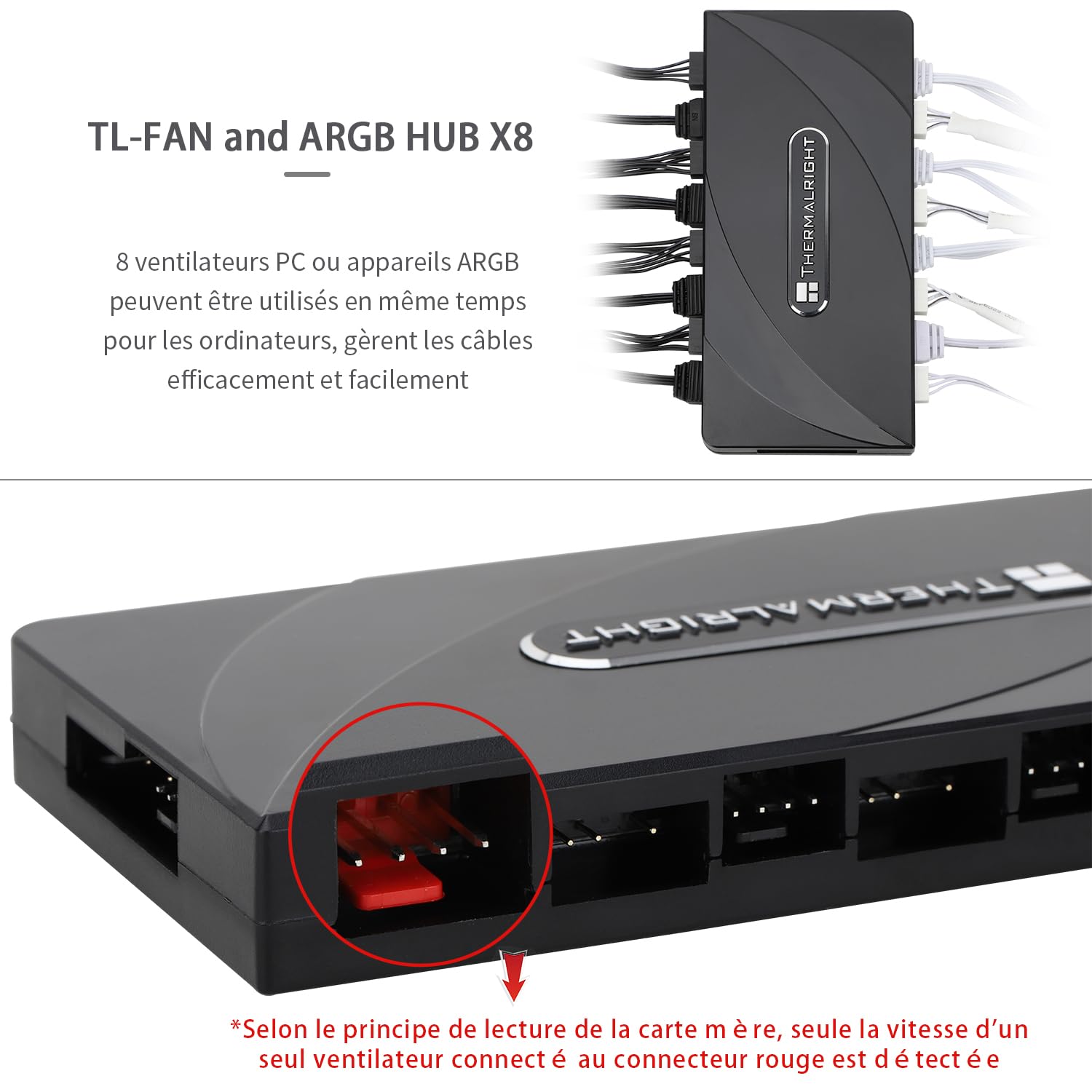 Thermalright TR Fan and ARGB HUB×8, contrôleur de ventilateur PC ARGB 3 broches, concentrateur de ventilateur PWM, entrée directe par câble d'alimentation SATA (RGB 12 V 4 broches non pris en charge)