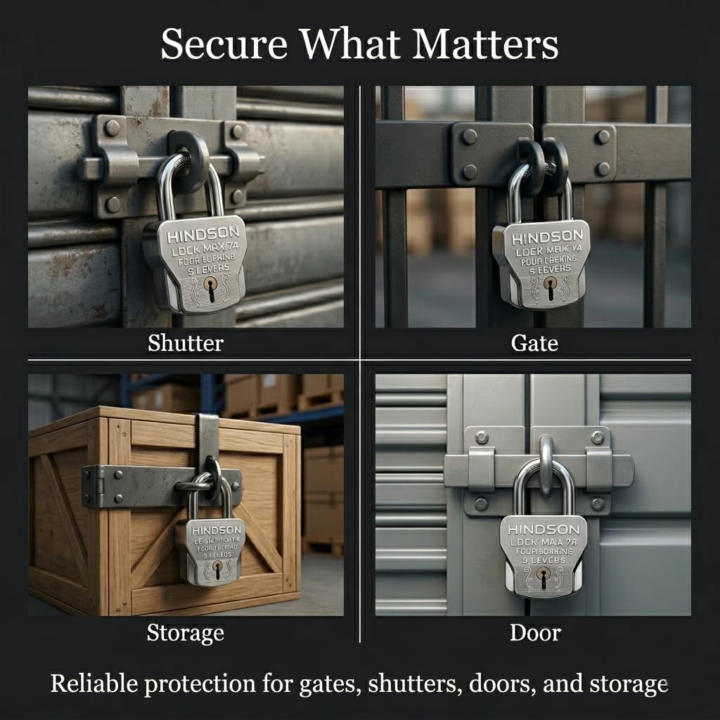 HINDSON 4 Locking Heavy Duty Padlock | Lock MAX 74 | 9 Lever Steel Lock & Key | Chrome Finish Big Size 610g Approx Padlock with 4 Keys for Home, Gate & Shutter Security — Amazon image 9