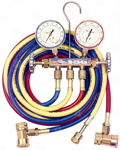 Four Seasons 59198 R134a Juego de manómetros de latón Fahrenheit con acoplador
