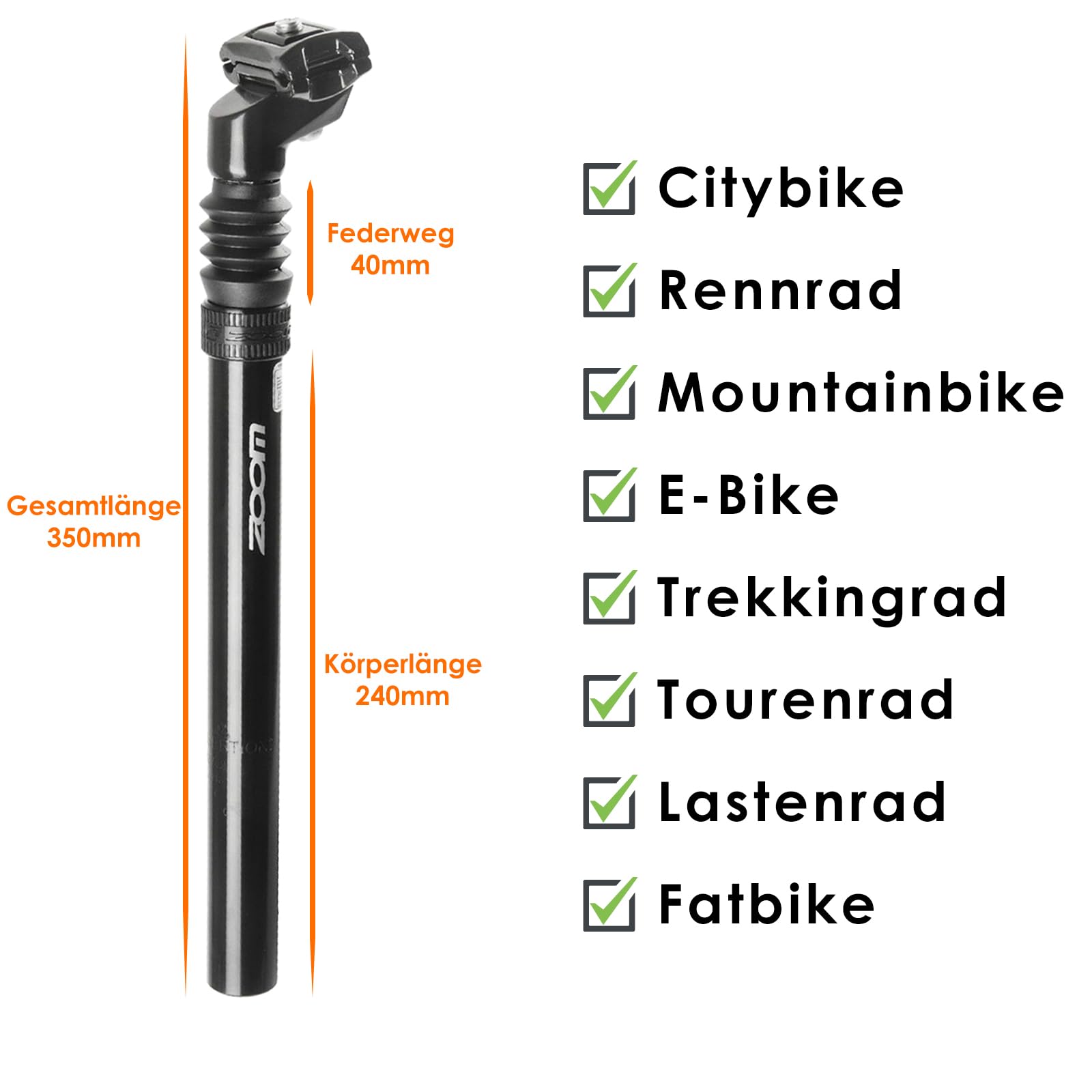 Gefederte Fahrrad-Sattelstütze 27.2 / 30.4 / 30.9 / 31.6 mm – Aluminium Dämpfung Sattelstütze mit Einstellbarer Federung für MTB, E-Bike, Citybike, BMX & Kinderfahrrad