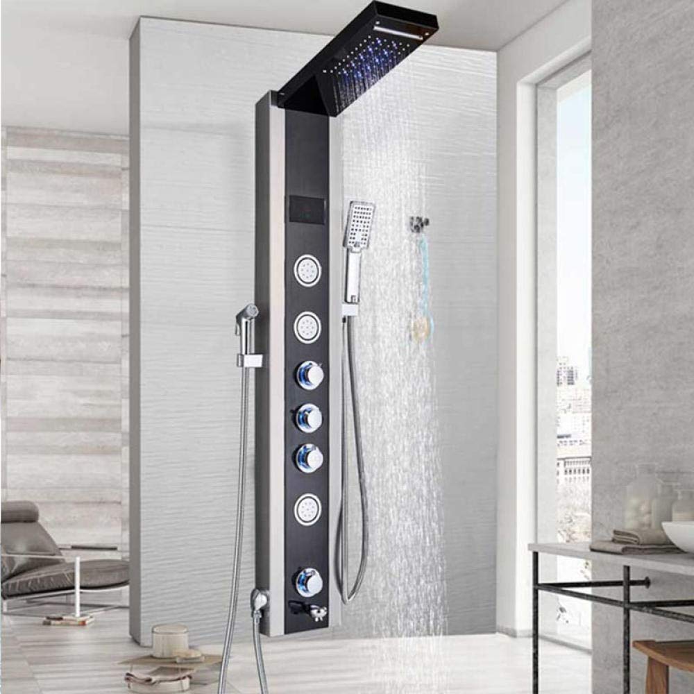 ASerZenith Stainless Steel Shower Set Faucet LED Thermostatic Shower Panel Multi-Function 6 Water OutletS Jet and Bidet Shower Mixer(Black-nickel)