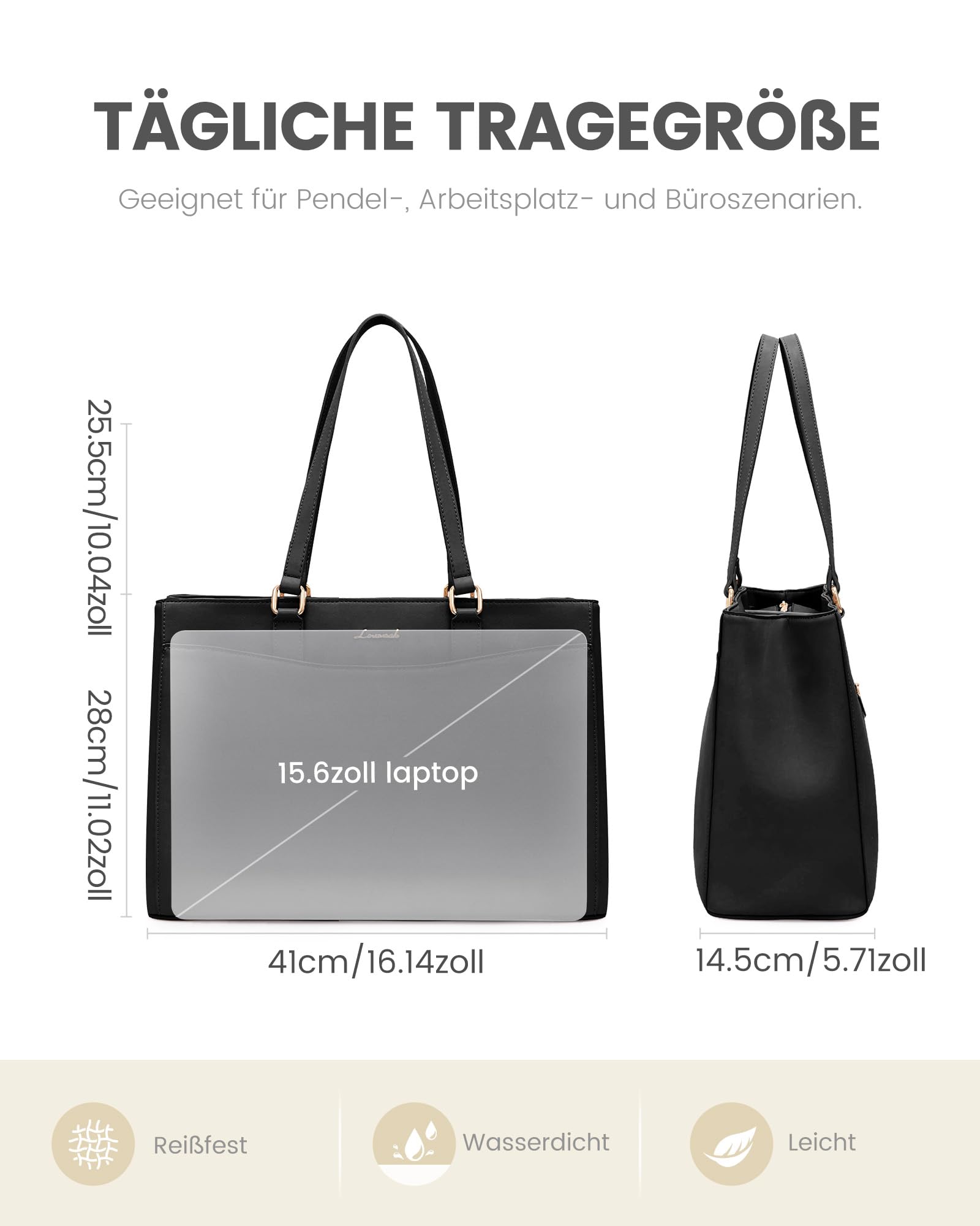 LOVEVOOK Laptoptasche Damen 15,6 Zoll, Leicht Aktentasche Arbeitstasche Handtasche Groß, Elegant Laptop Bag Business Shopper Tasche Lehrertasche Schultertasche Women für Uni Schule Büro, Schwarz