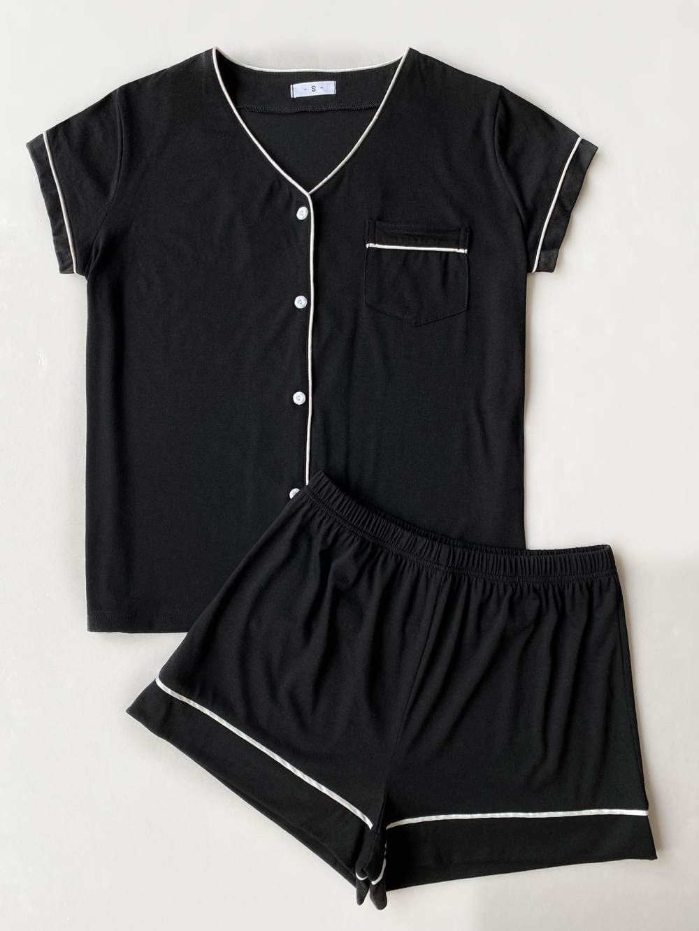 Pijama De Mujer Manga Corta,Cuello En V Negro Con Borde Blanco Pijama De Manga Corta Para Mujer Conjunto De 2 Piezas Pijama Suave Y Cómodo Para Mujer Ropa De Descanso Regalo Del Día De La Madre Pa