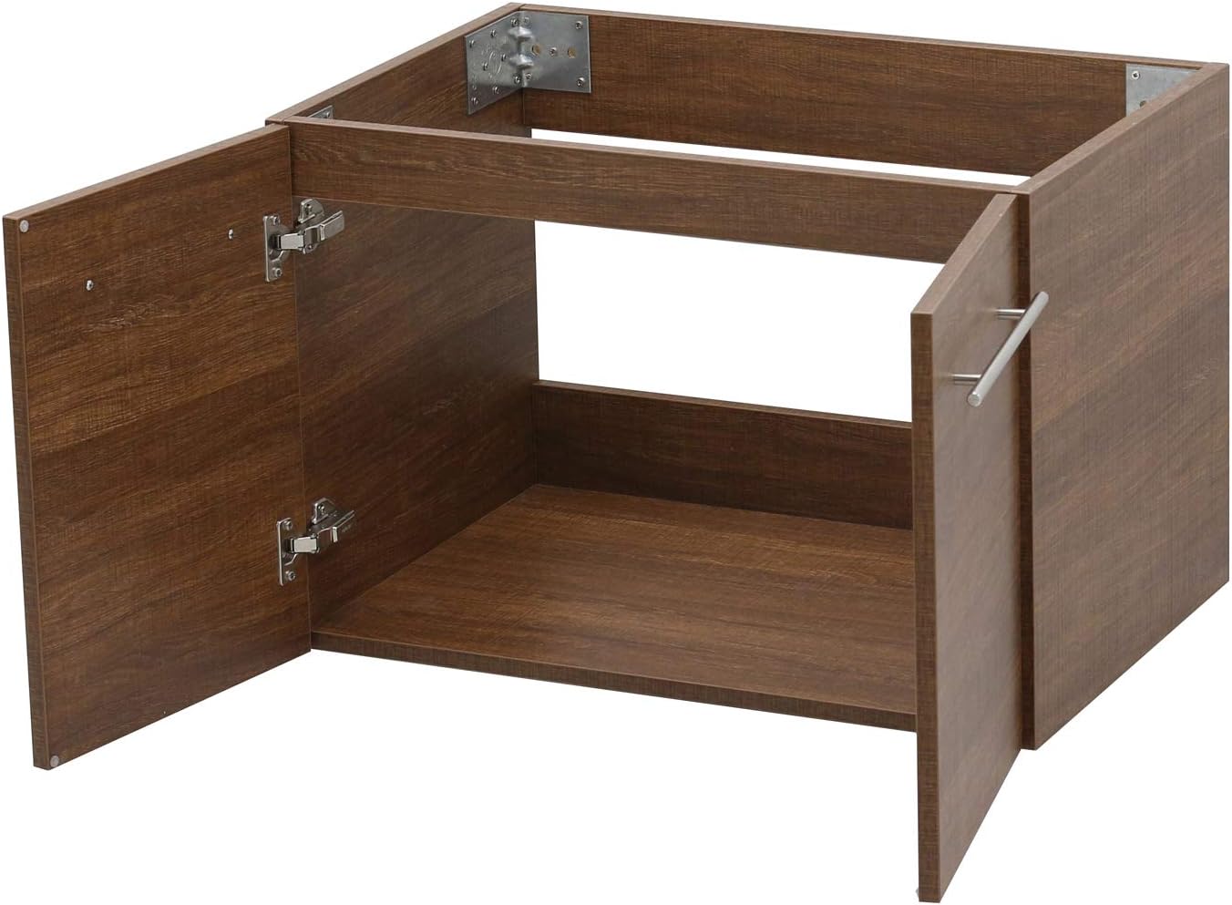 Wall Mount Floating Bathroom Vanity Sink Set. Rustic Brown Vanity, White Flat Stone Countertop Ceramic Sink - 24"