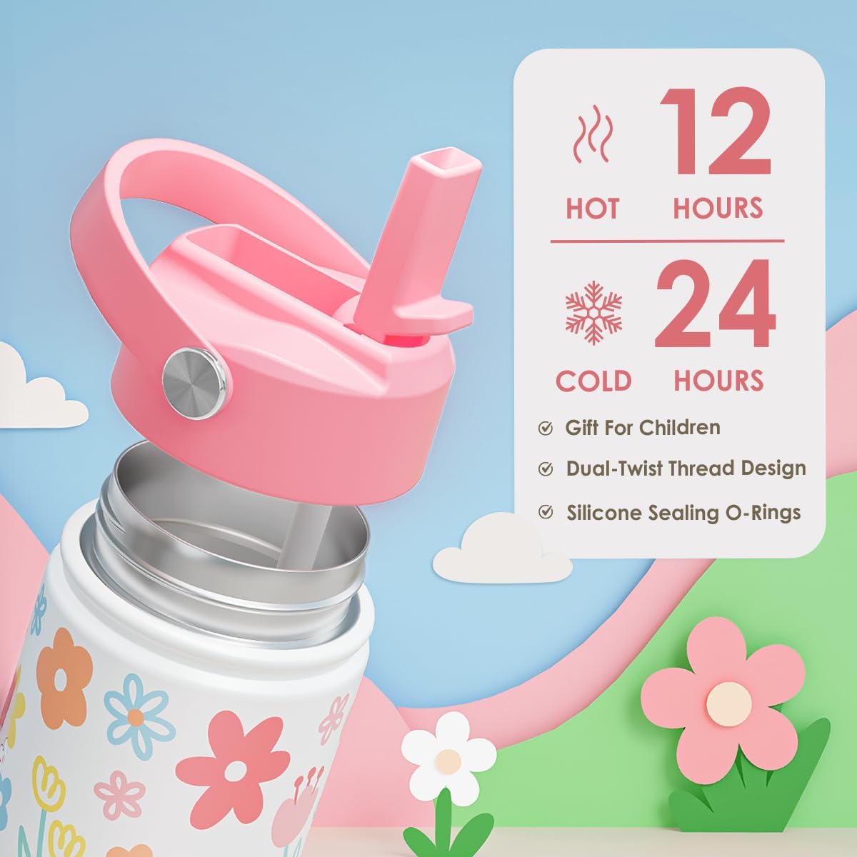 Kids Water Bottle Stainless Steel with Straw Lid, Floral Water Bottle 12oz, Travel Tumbler, Gifts for Girls, Birthday, Christmas, Back To School - Image 3