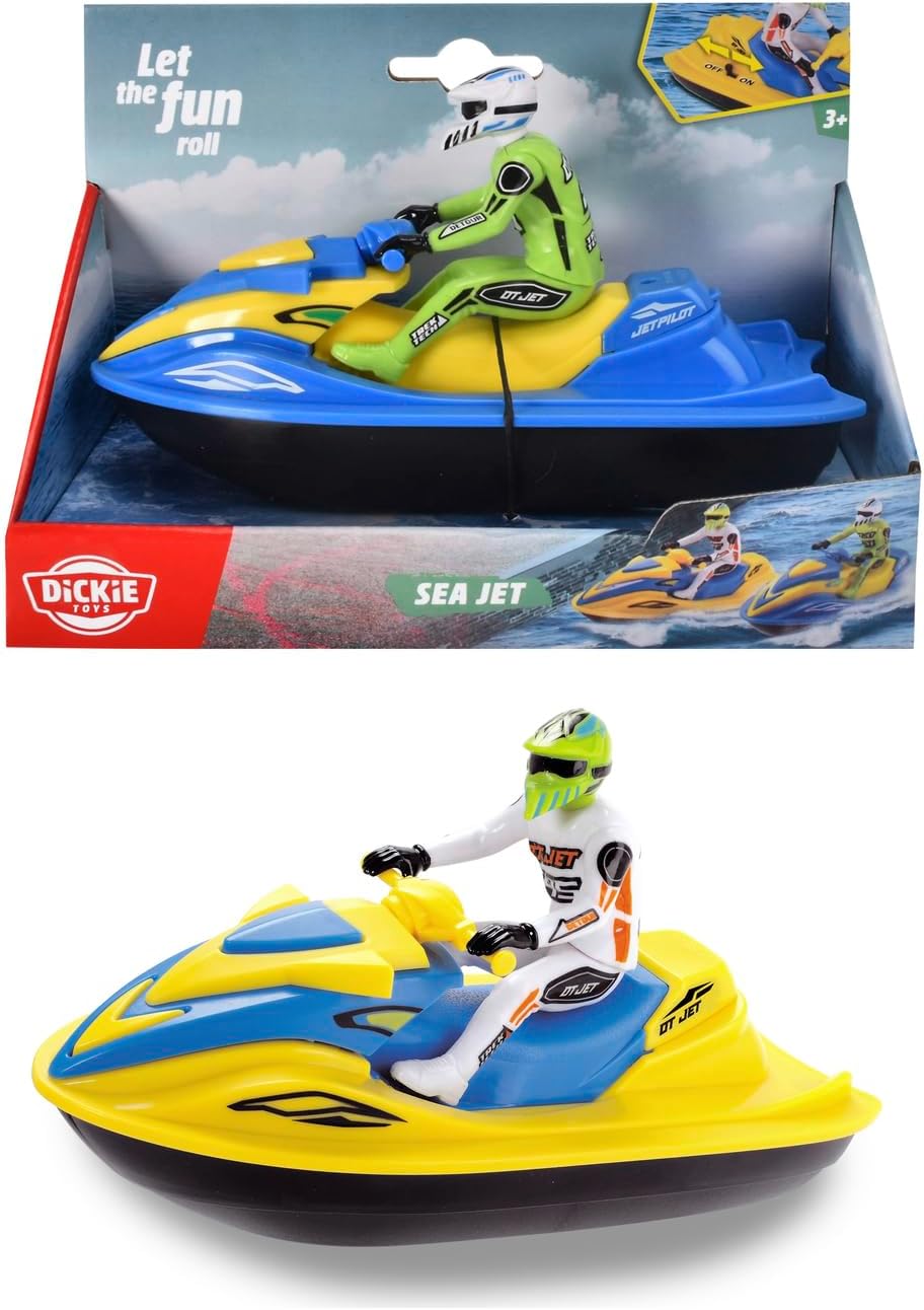 Dickie Toys Battery Operated Jet Ski in packaging and another view of the white-suited driver version
