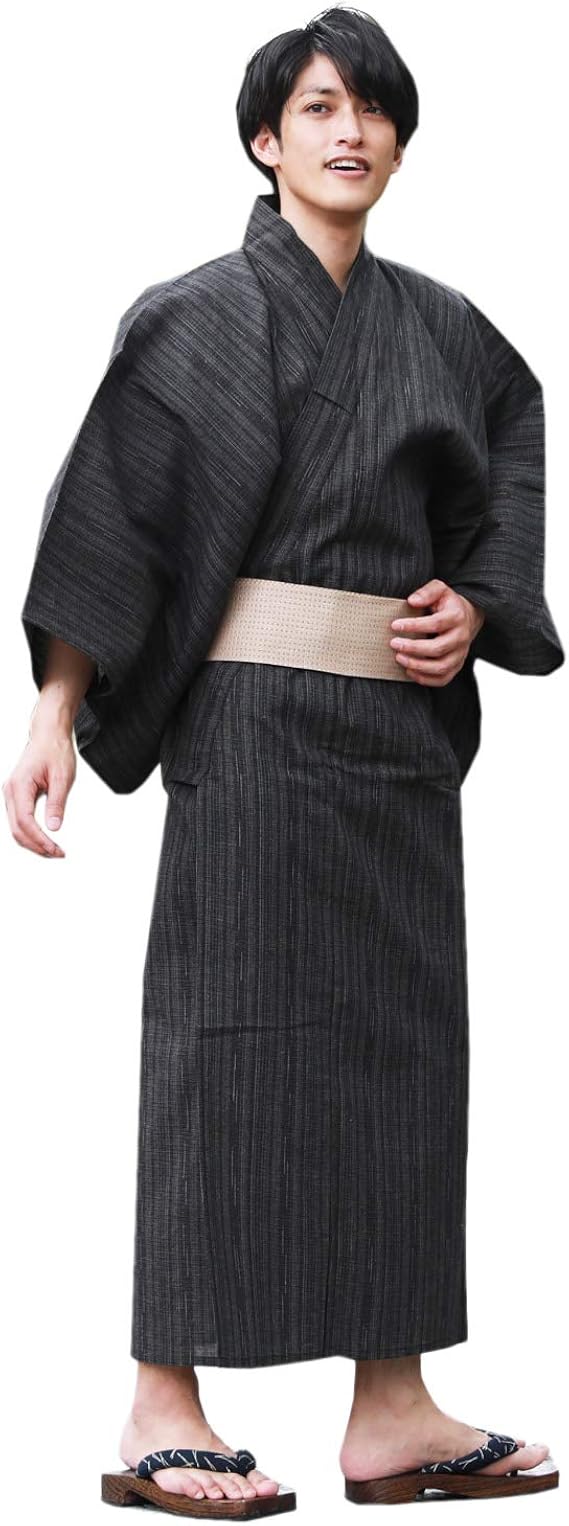 Amazon 浴衣 メンズ 男物高級綿麻浴衣3点セット 黒地にグレーの格子 男 男性 大人 大きいサイズ 浴衣 角帯 下駄 Mサイズ 浴衣 通販
